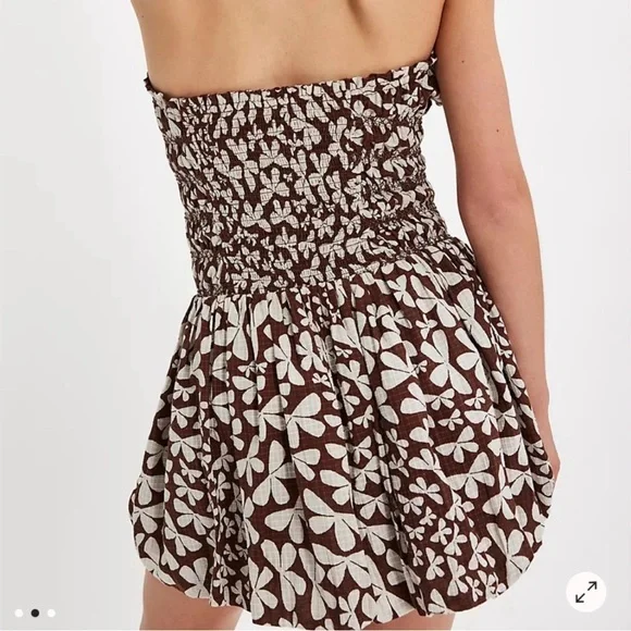Free People Brown & White Floral Smocked Strapless Bubble Dress - Picture 4 of 14